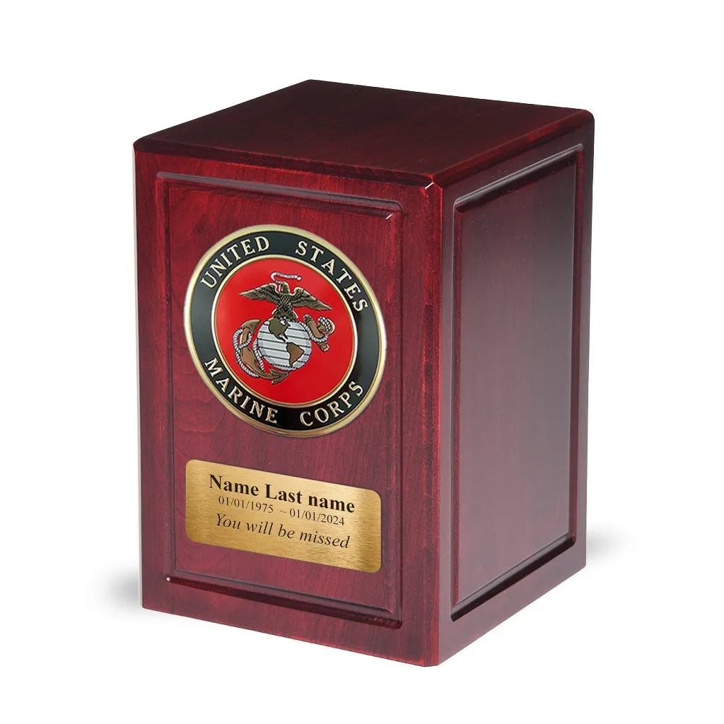 ADULT - Basswood Urn  -AW04- Dark Cherry with Military Emblem and Optional Plate