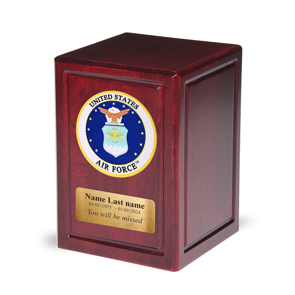 ADULT - Basswood Urn  -AW04- Dark Cherry with Military Emblem and Optional Plate