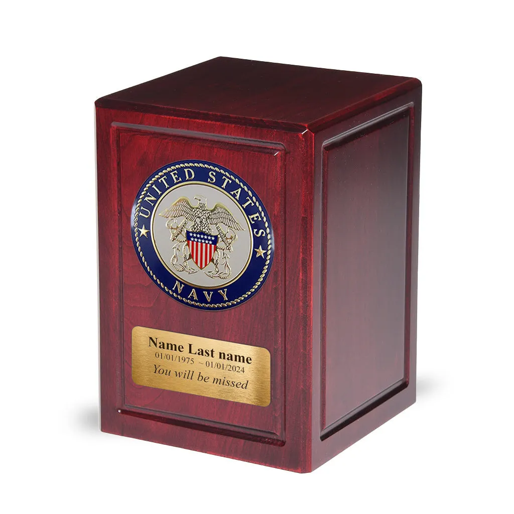 ADULT - Basswood Urn  -AW04- Dark Cherry with Military Emblem and Optional Plate
