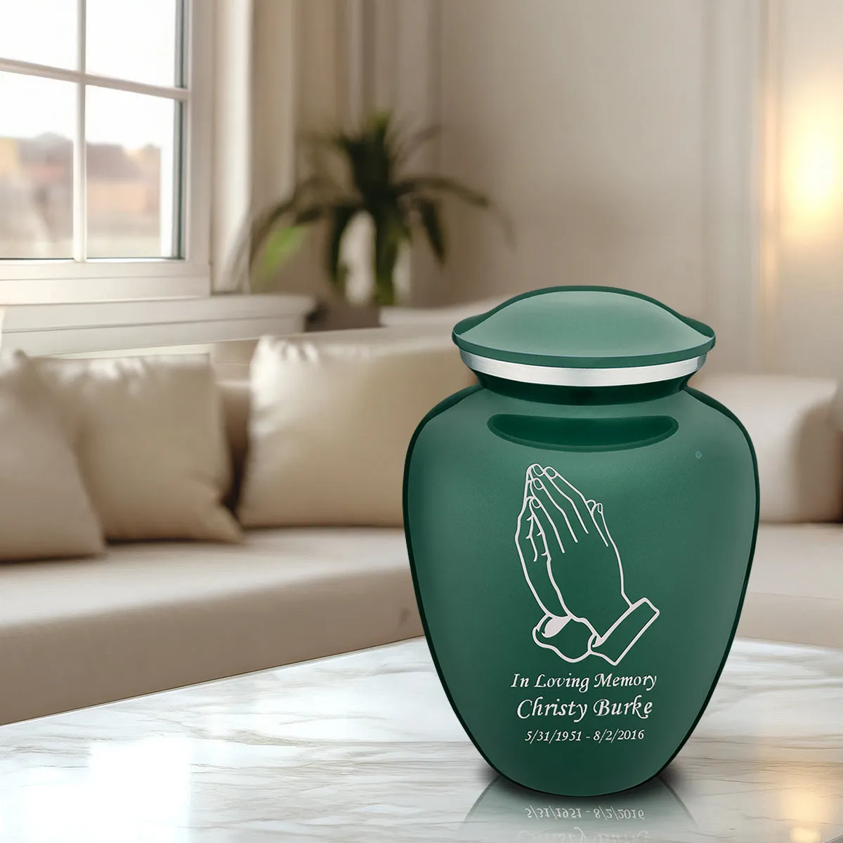 Adult Embrace Green Praying Hands Cremation Urn