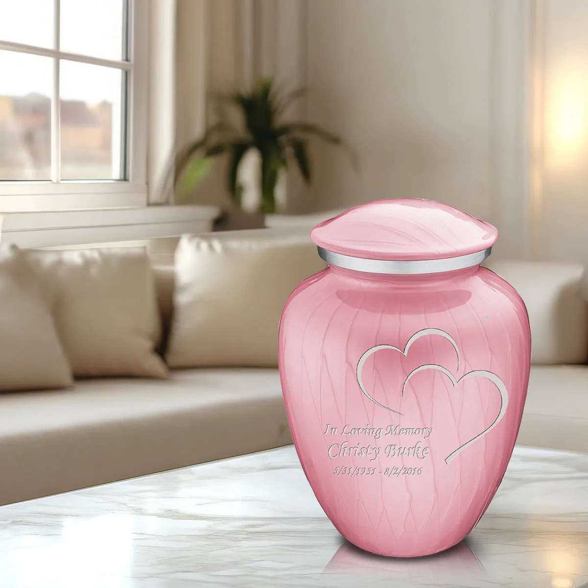Adult Embrace Pearl Pink Hearts Cremation Urn