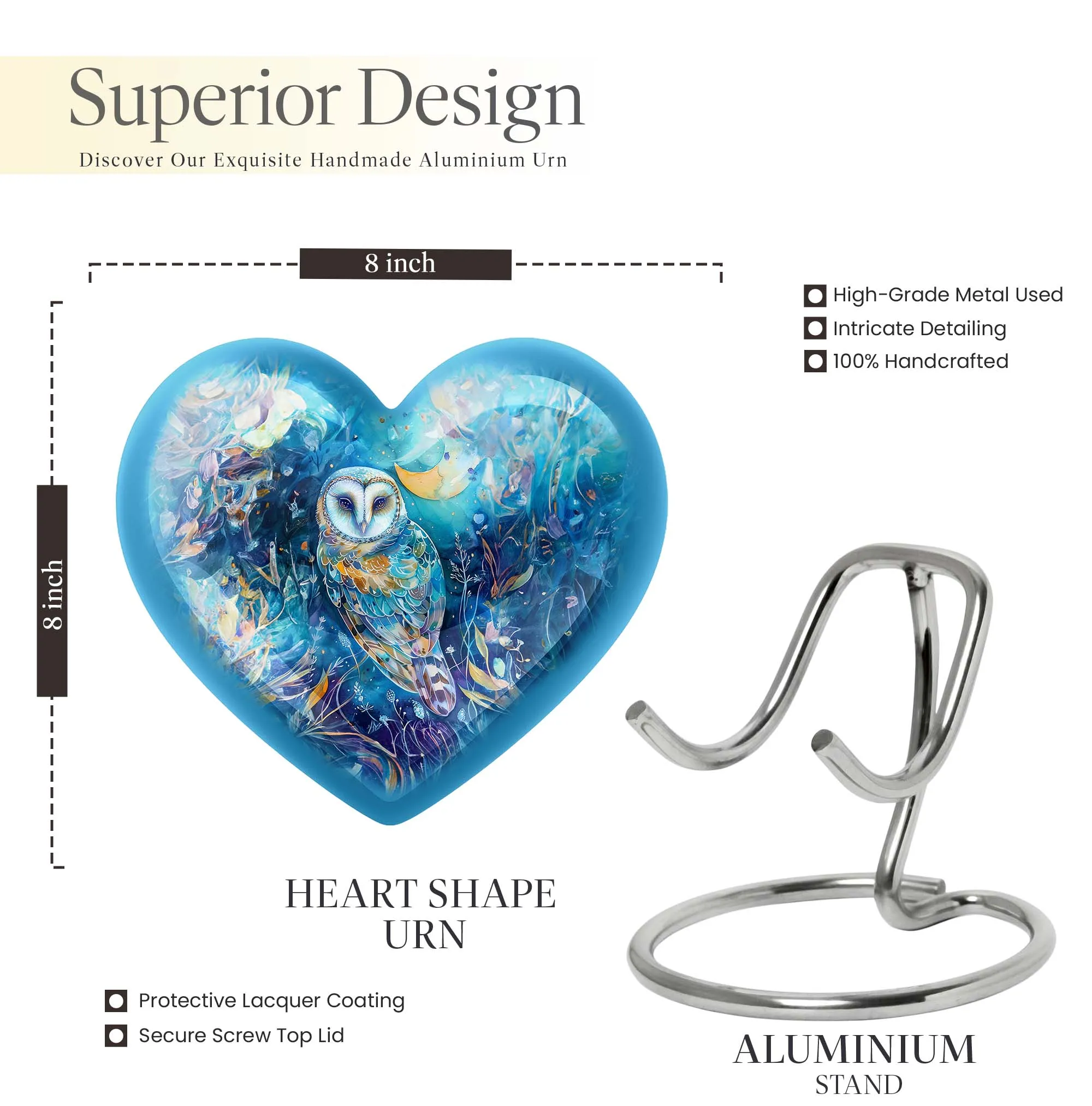 Barn Owl Heart Memorial Urn - 10 Inch Legendry Aluminium Urn