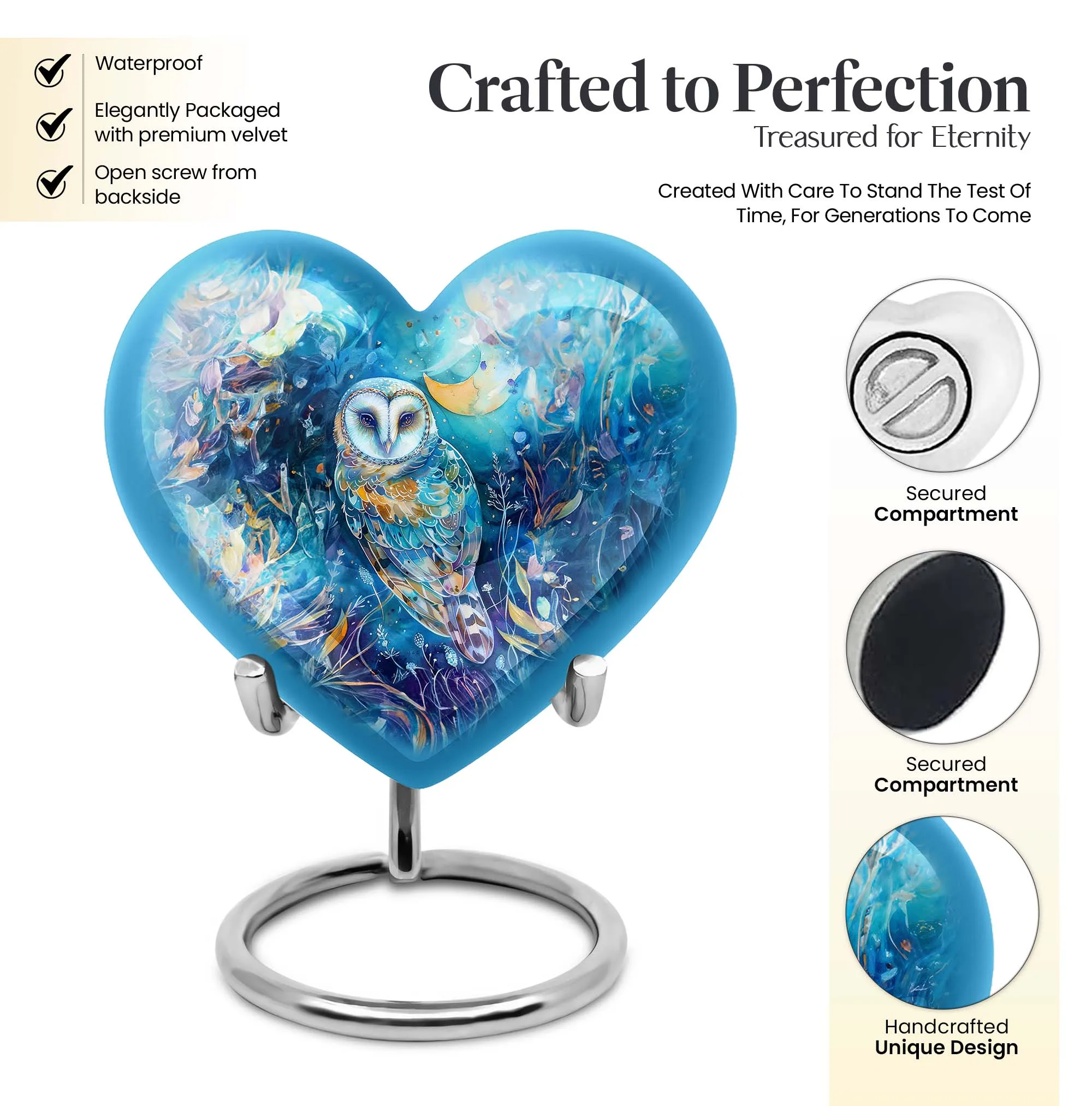 Barn Owl Heart Memorial Urn - 10 Inch Legendry Aluminium Urn