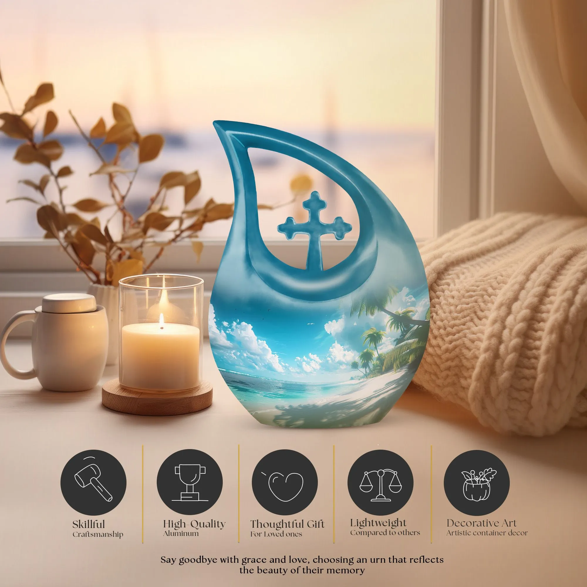 Beach Themed Cross Drop - Large and Affordable Burial and Cremation Memorial Urn