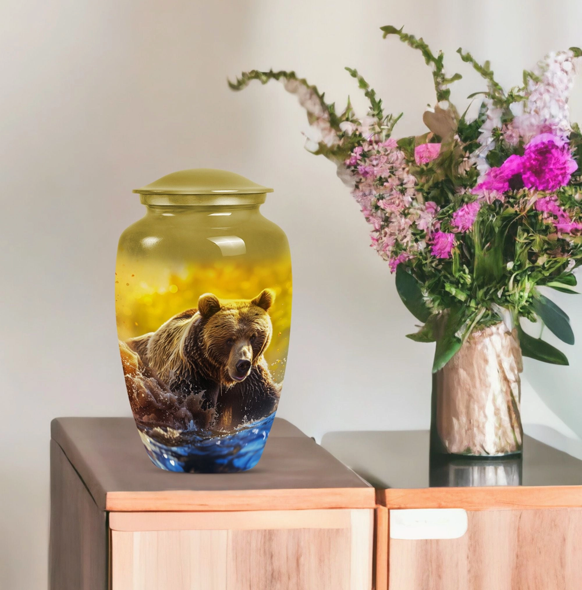 Bear Urn with Purple Meadow Theme: Perfect Dad Cremation Memorial