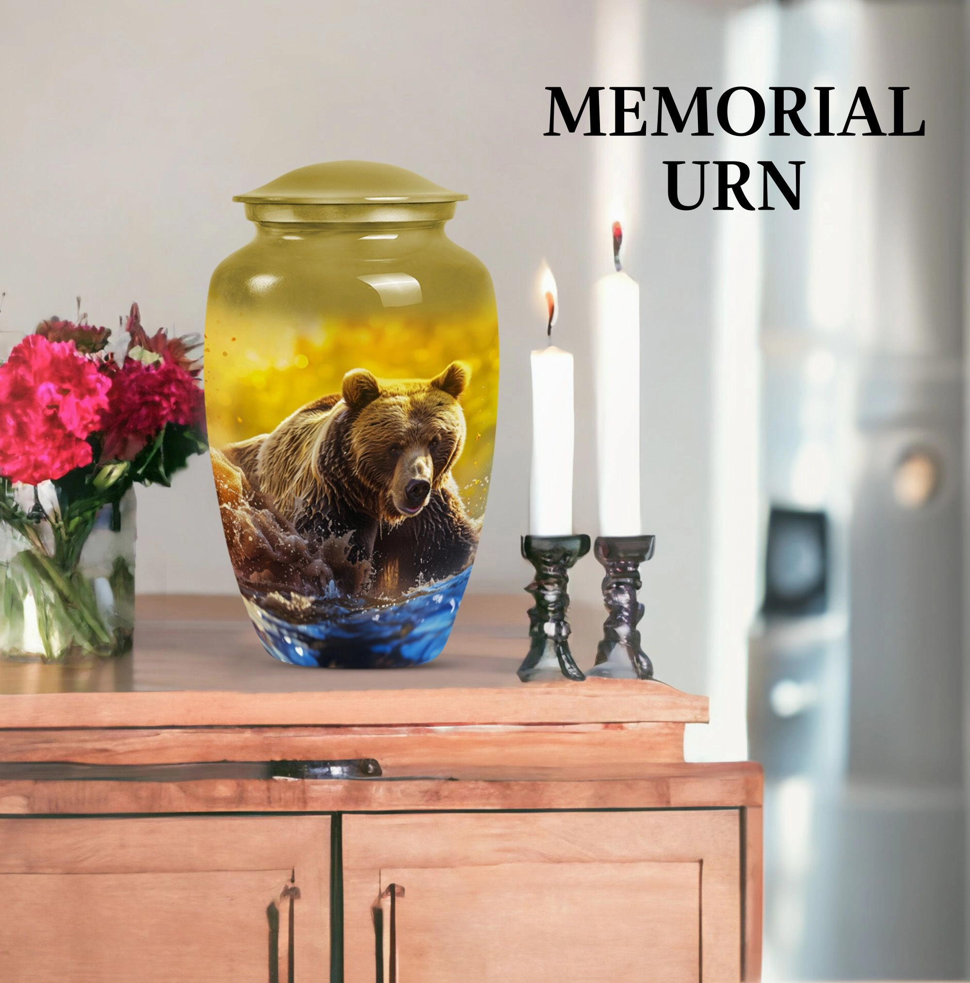 Bear Urn with Purple Meadow Theme: Perfect Dad Cremation Memorial