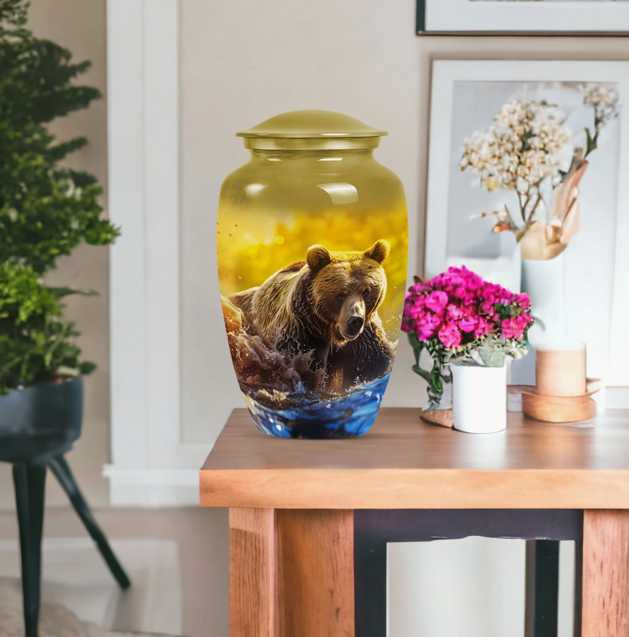 Bear Urn with Purple Meadow Theme: Perfect Dad Cremation Memorial