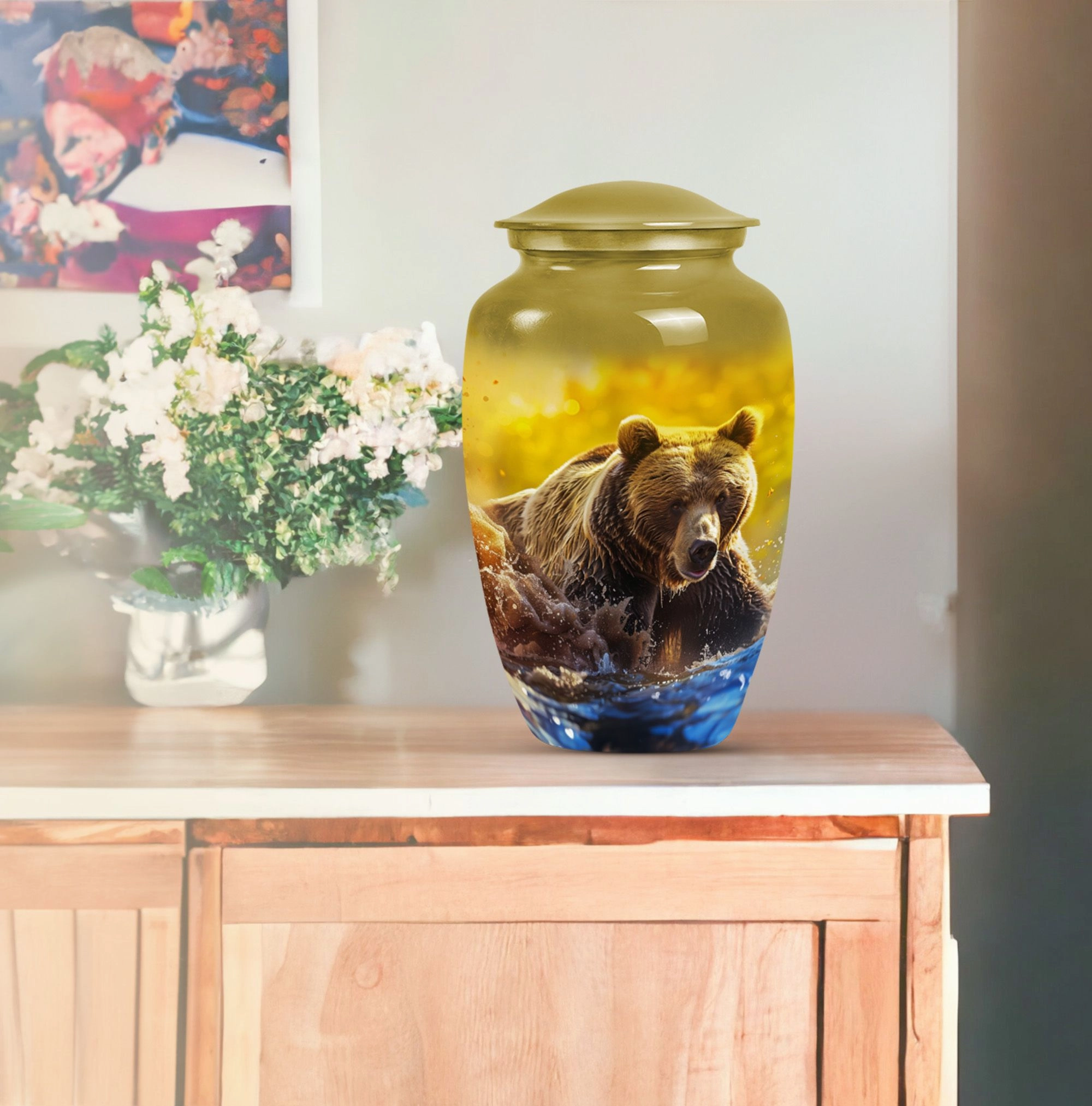 Bear Urn with Purple Meadow Theme: Perfect Dad Cremation Memorial