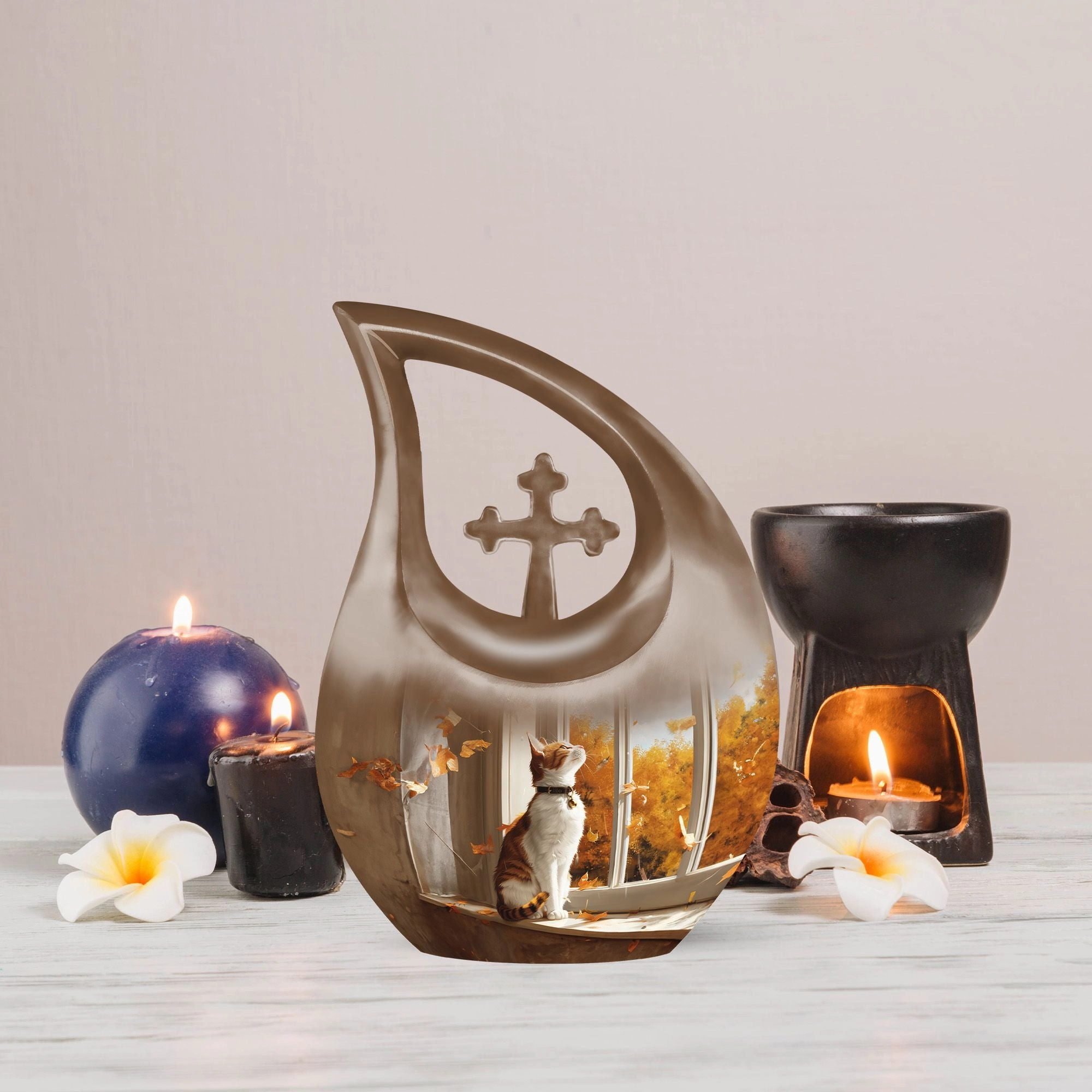 Blossoming Paws Orange Cat Memorial Container - Medium Size