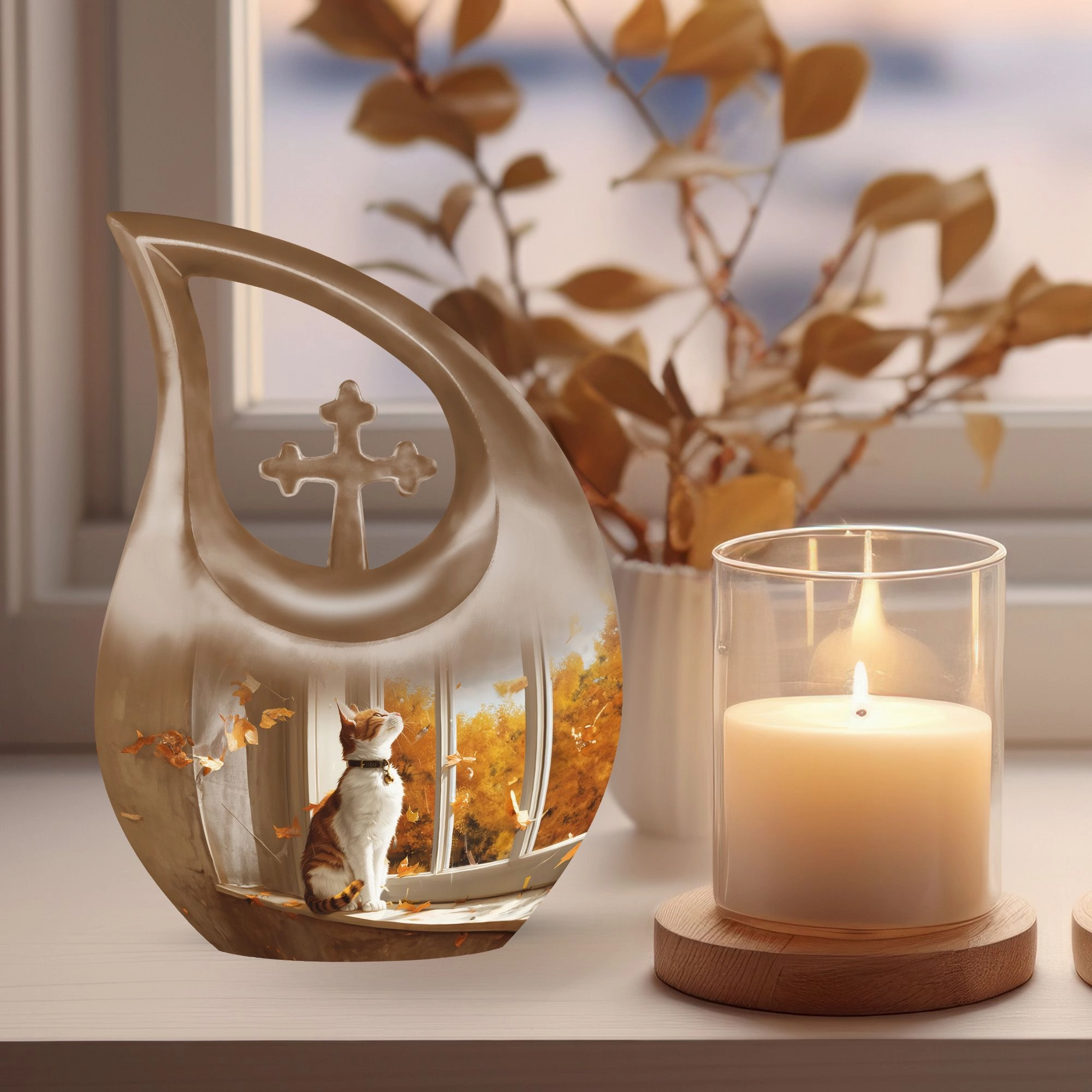 Blossoming Paws Orange Cat Memorial Container - Medium Size