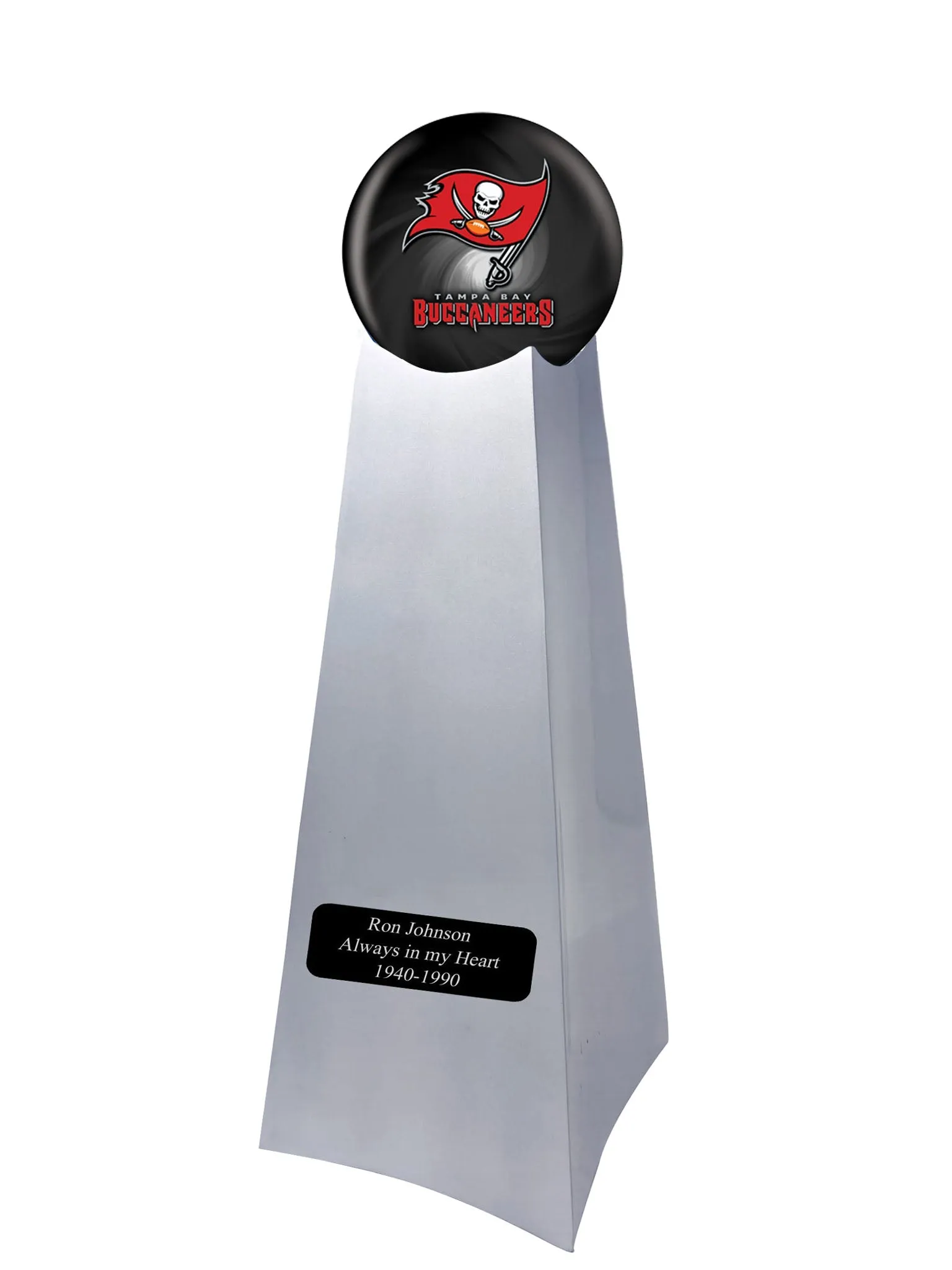 Championship Trophy Cremation Urn with Optional Football and Tampa Bay Ball Decor and Custom Metal Plaque