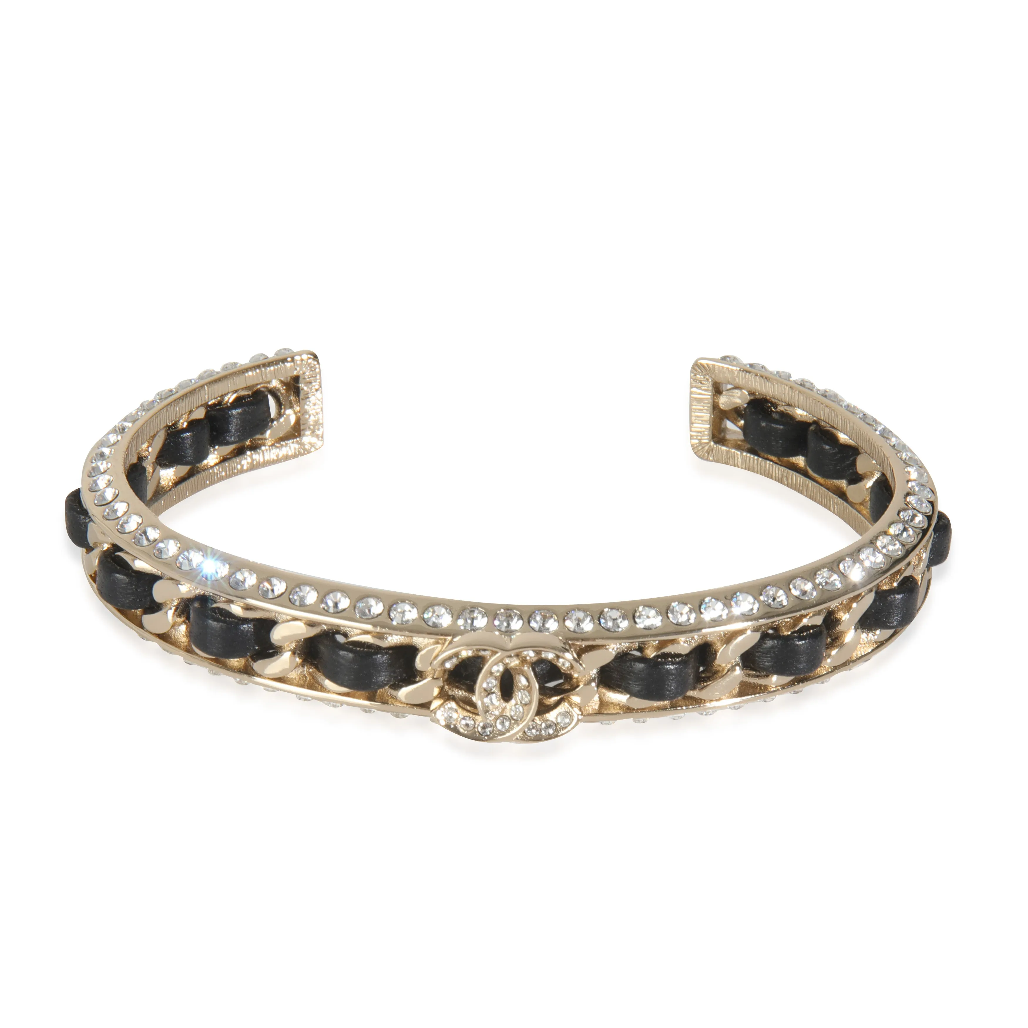 Chanel Gold-Plated  2023 Leather & Strass Cuff Bracelet
