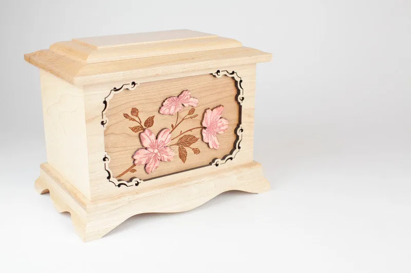 Cherry Blossoms Cremation Urn with Floral Wood Inlay Art