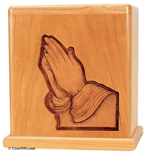Cherry Wood Cremation Urn with Praying Hands Made in the USA