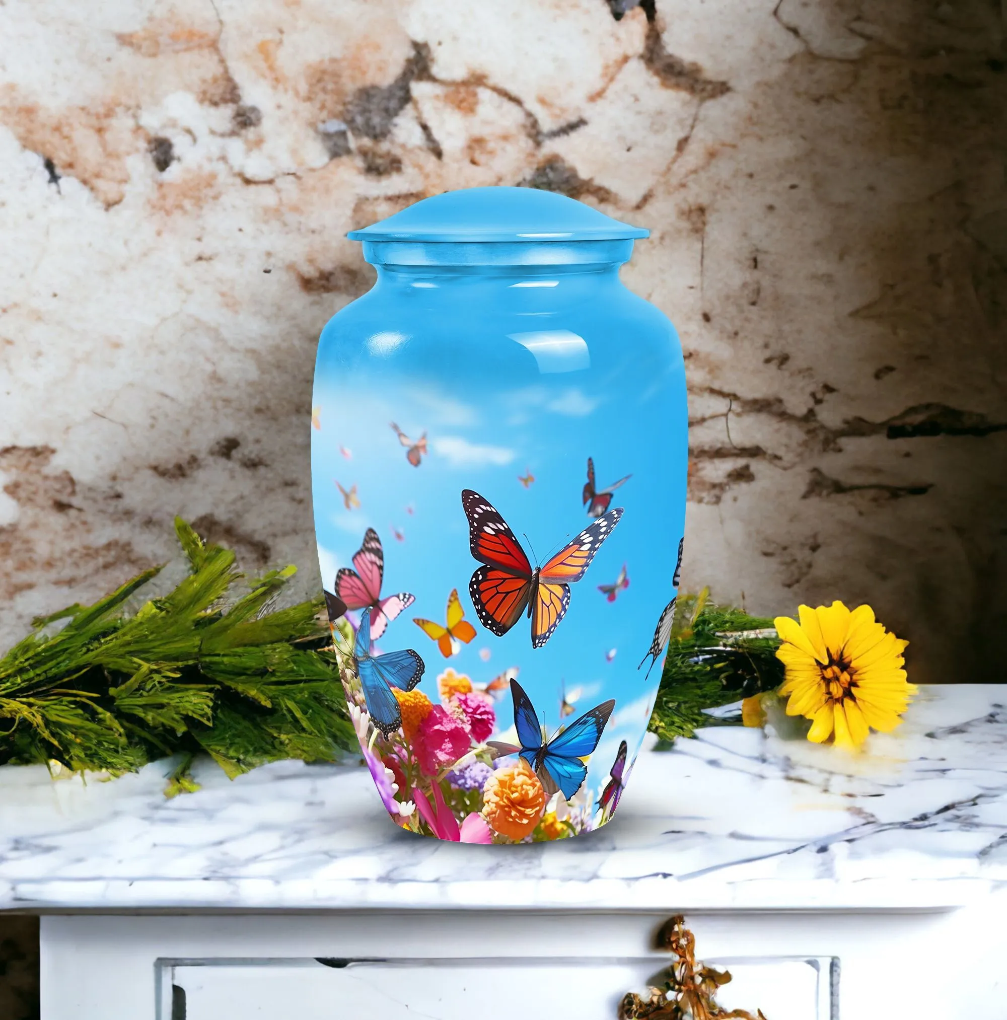 Colorful Butterfly Tribute: Custom Emblazoned Memorial Urn