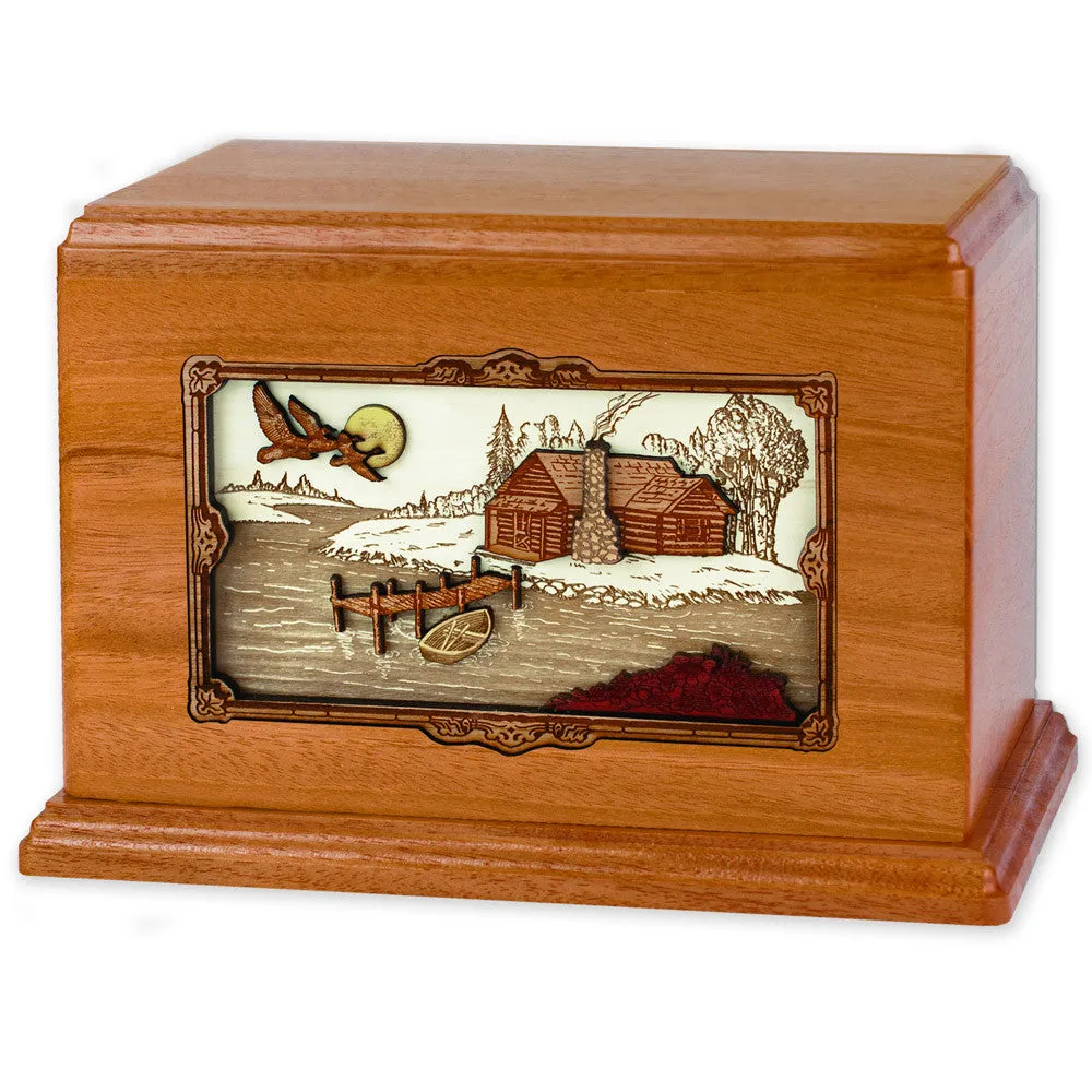 Companion Cremation Urn with Rustic Paradise Cabin 3D Wood Inlay