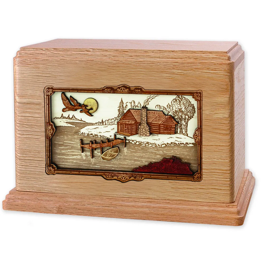 Companion Cremation Urn with Rustic Paradise Cabin 3D Wood Inlay