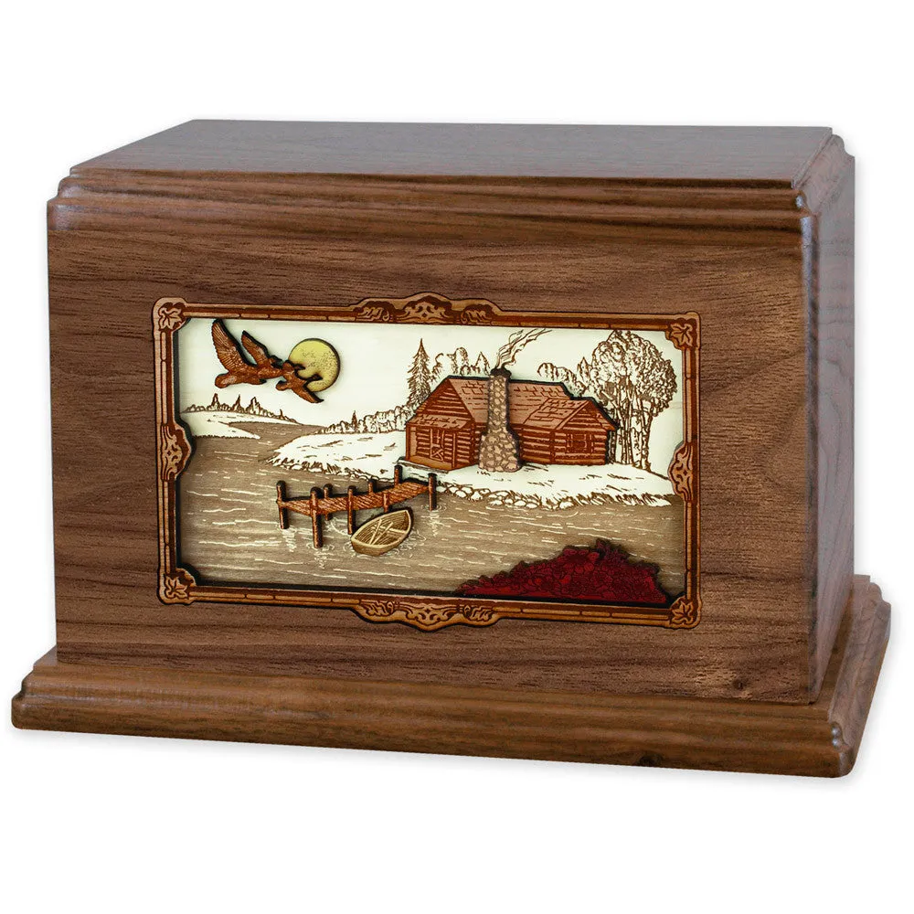 Companion Cremation Urn with Rustic Paradise Cabin 3D Wood Inlay