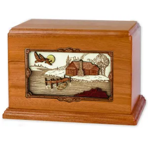 Companion Cremation Urn with Rustic Paradise Cabin 3D Wood Inlay