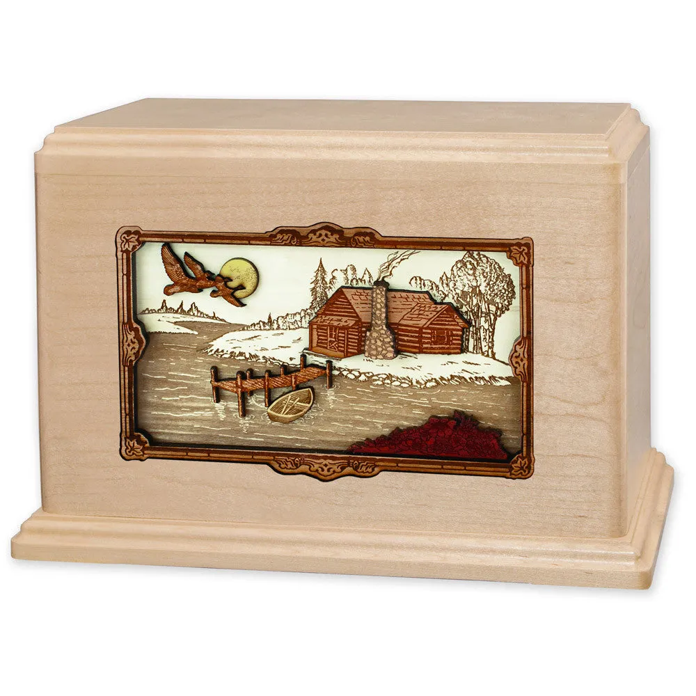 Companion Cremation Urn with Rustic Paradise Cabin 3D Wood Inlay