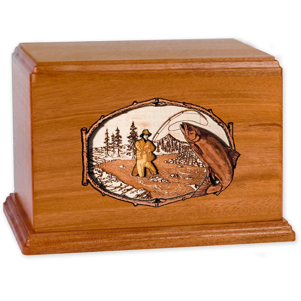 Companion Cremation Urn with Rustic Stream Fishing 3D Wood Inlay