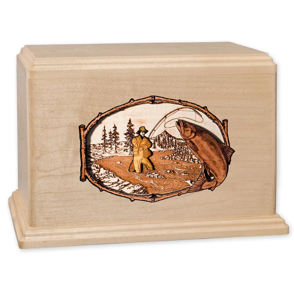 Companion Cremation Urn with Rustic Stream Fishing 3D Wood Inlay