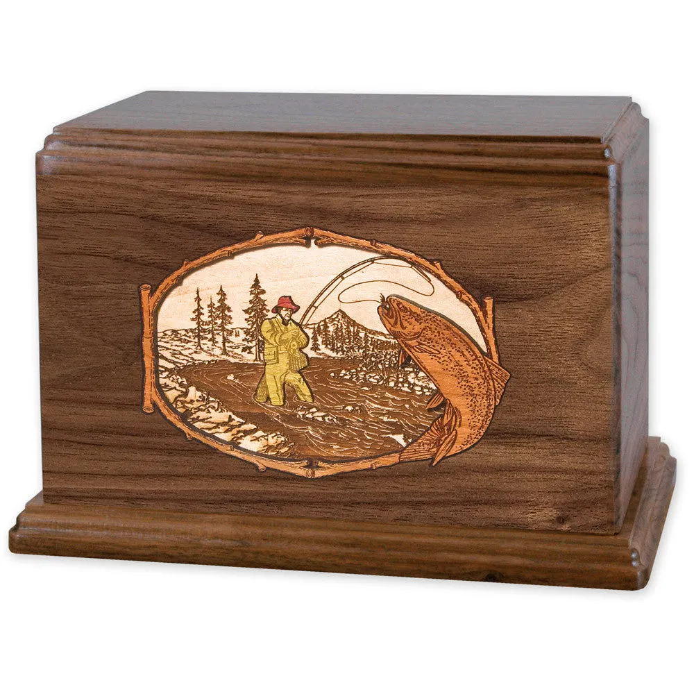 Companion Cremation Urn with Rustic Stream Fishing 3D Wood Inlay