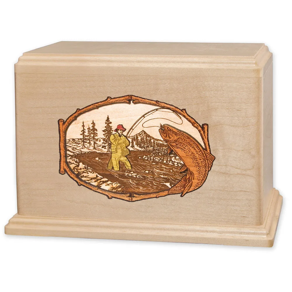 Companion Cremation Urn with Rustic Stream Fishing 3D Wood Inlay