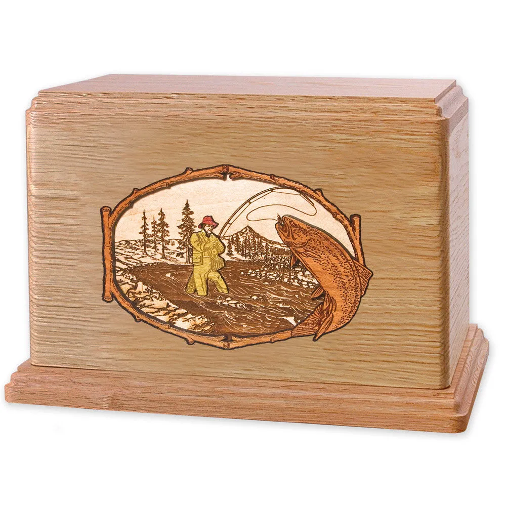 Companion Cremation Urn with Rustic Stream Fishing 3D Wood Inlay