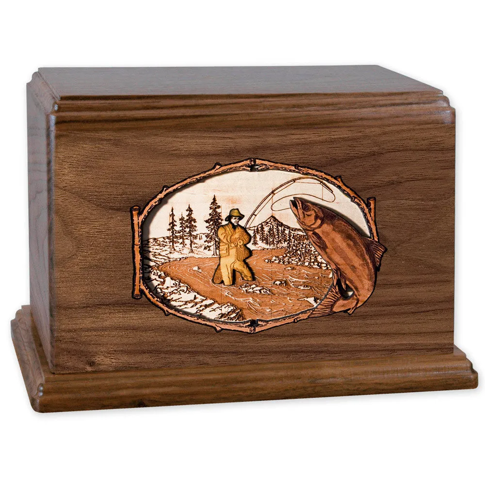 Companion Cremation Urn with Rustic Stream Fishing 3D Wood Inlay