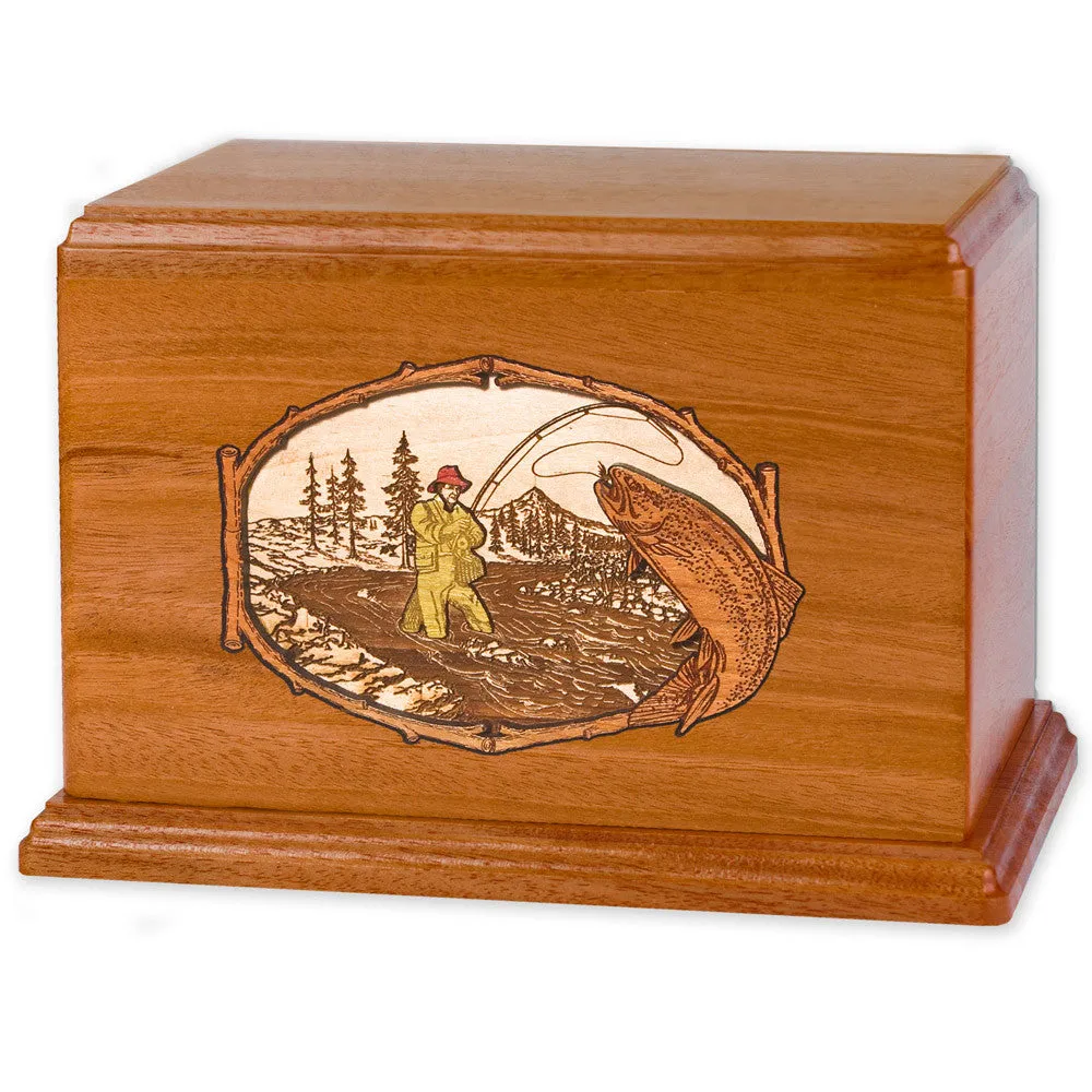 Companion Cremation Urn with Rustic Stream Fishing 3D Wood Inlay