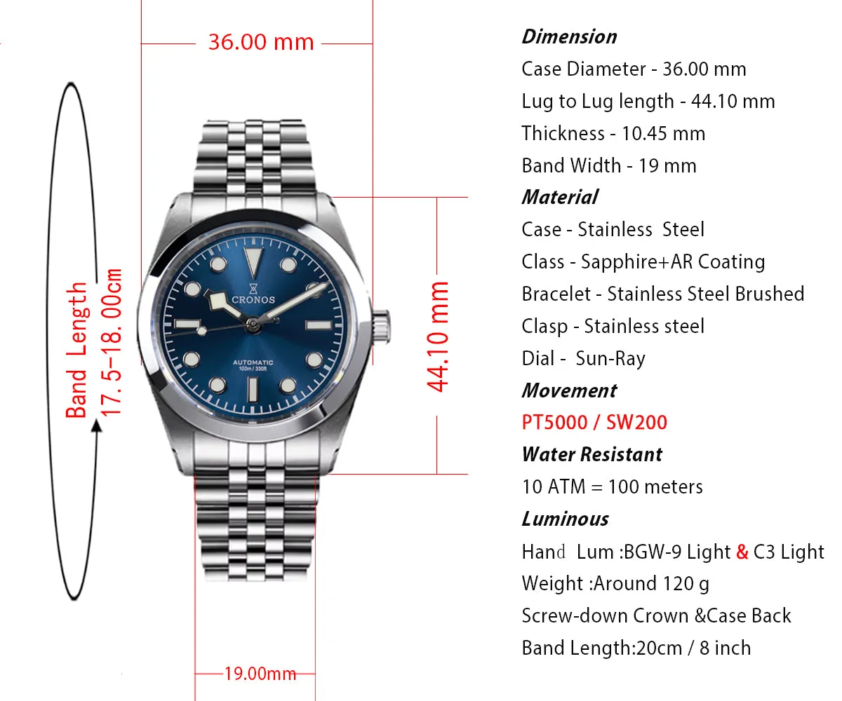 Cronos 36mm Snowflake Automatic Men Watch L6036
