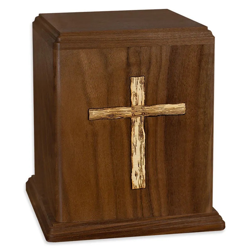 Cross Inlay Companion Cremation Urn in Walnut Wood