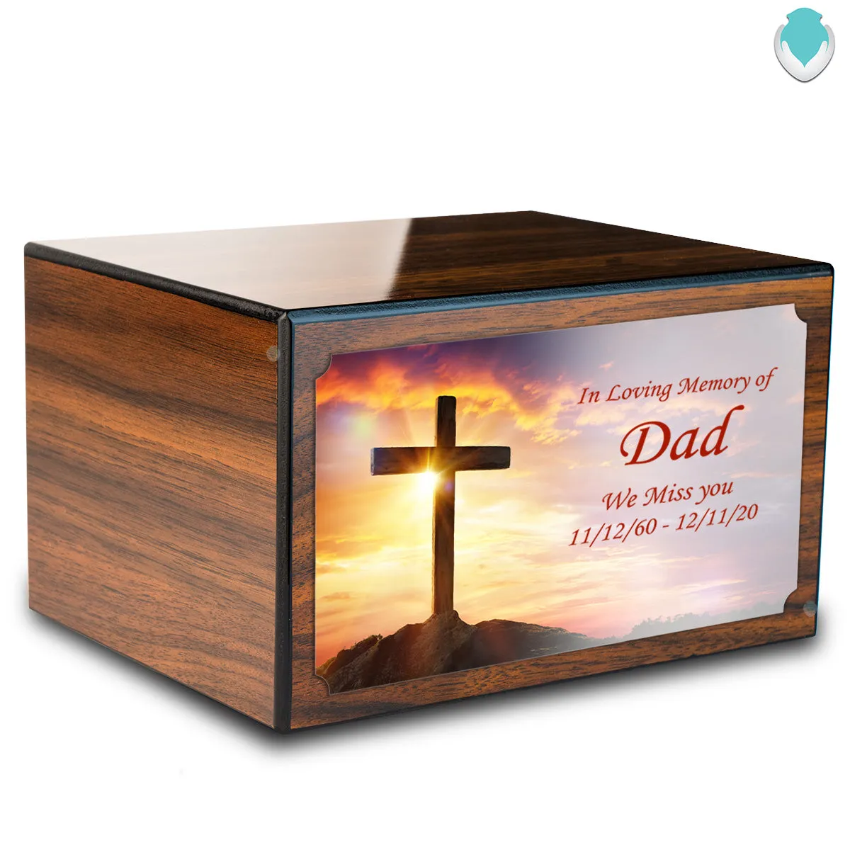 Custom Printed Heritage Walnut Cross Wood Box Cremation Urn