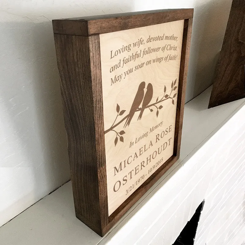Cute Birds on Branch Wall Mounted Wood Cremation Urn Plaque