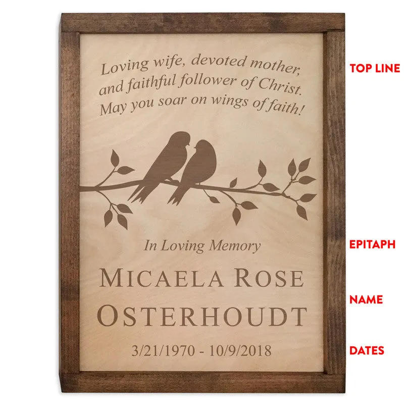 Cute Birds on Branch Wall Mounted Wood Cremation Urn Plaque