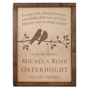 Cute Birds on Branch Wall Mounted Wood Cremation Urn Plaque