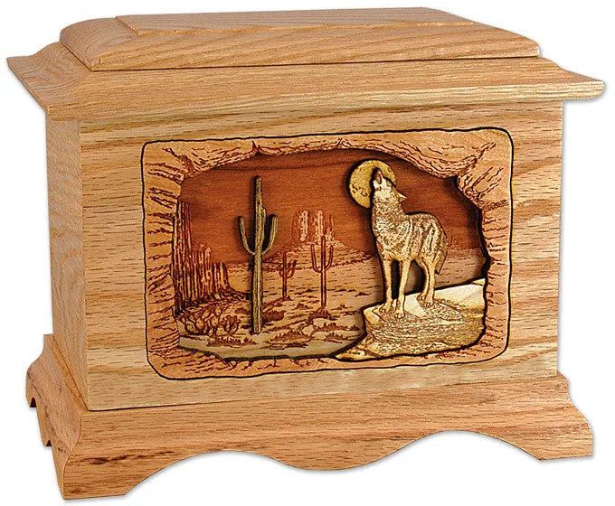 Desert Moon Coyote Cremation Urn with Wood Inlay Art