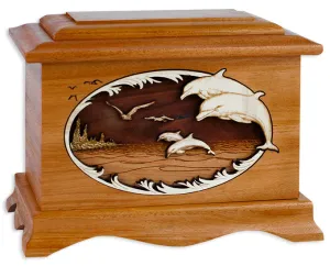 Dolphin Cremation Urn with Wood Inlay Art Ocean Scene