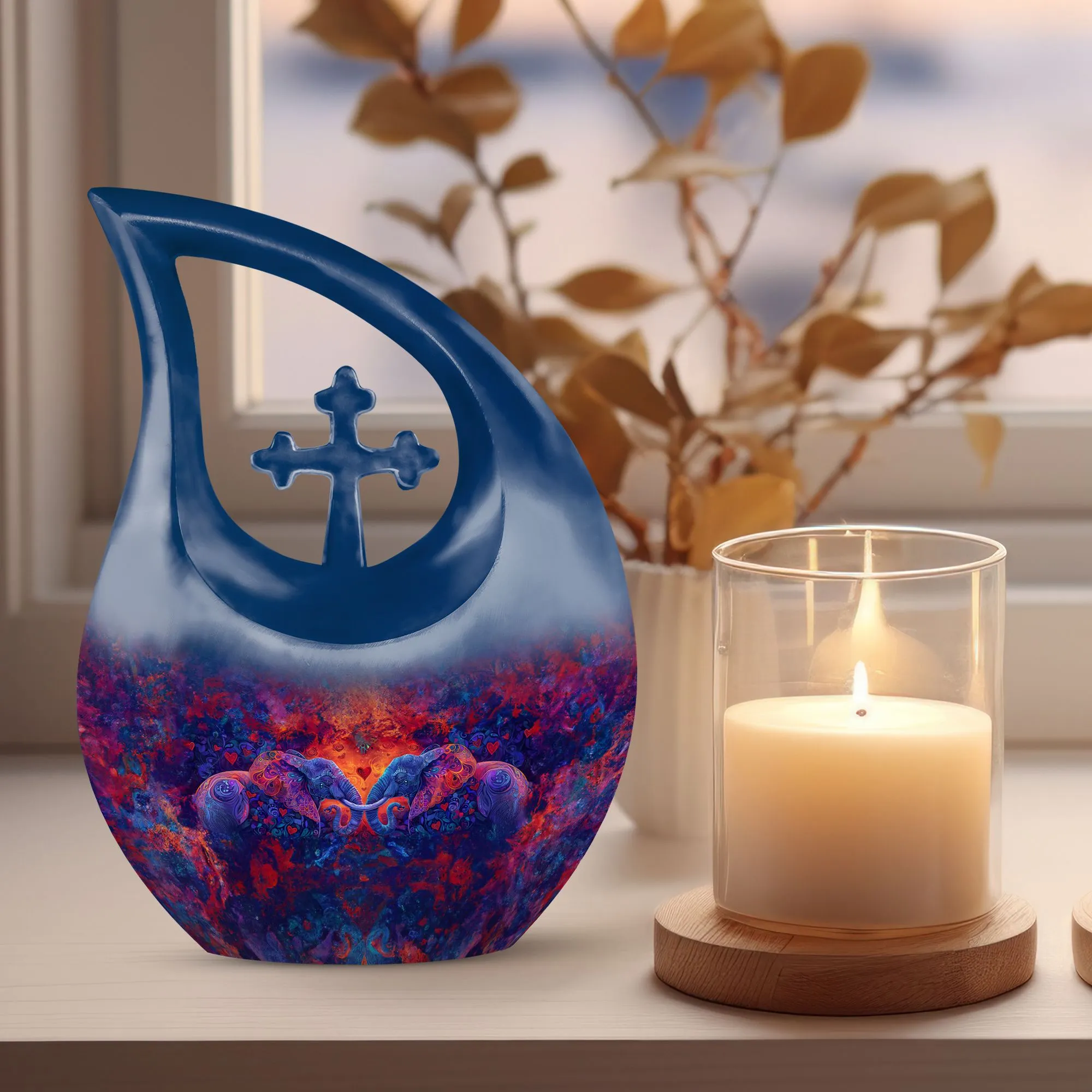 Elephant Family Cross Drop Memorial Urn - Keepsake Urn For Ashes