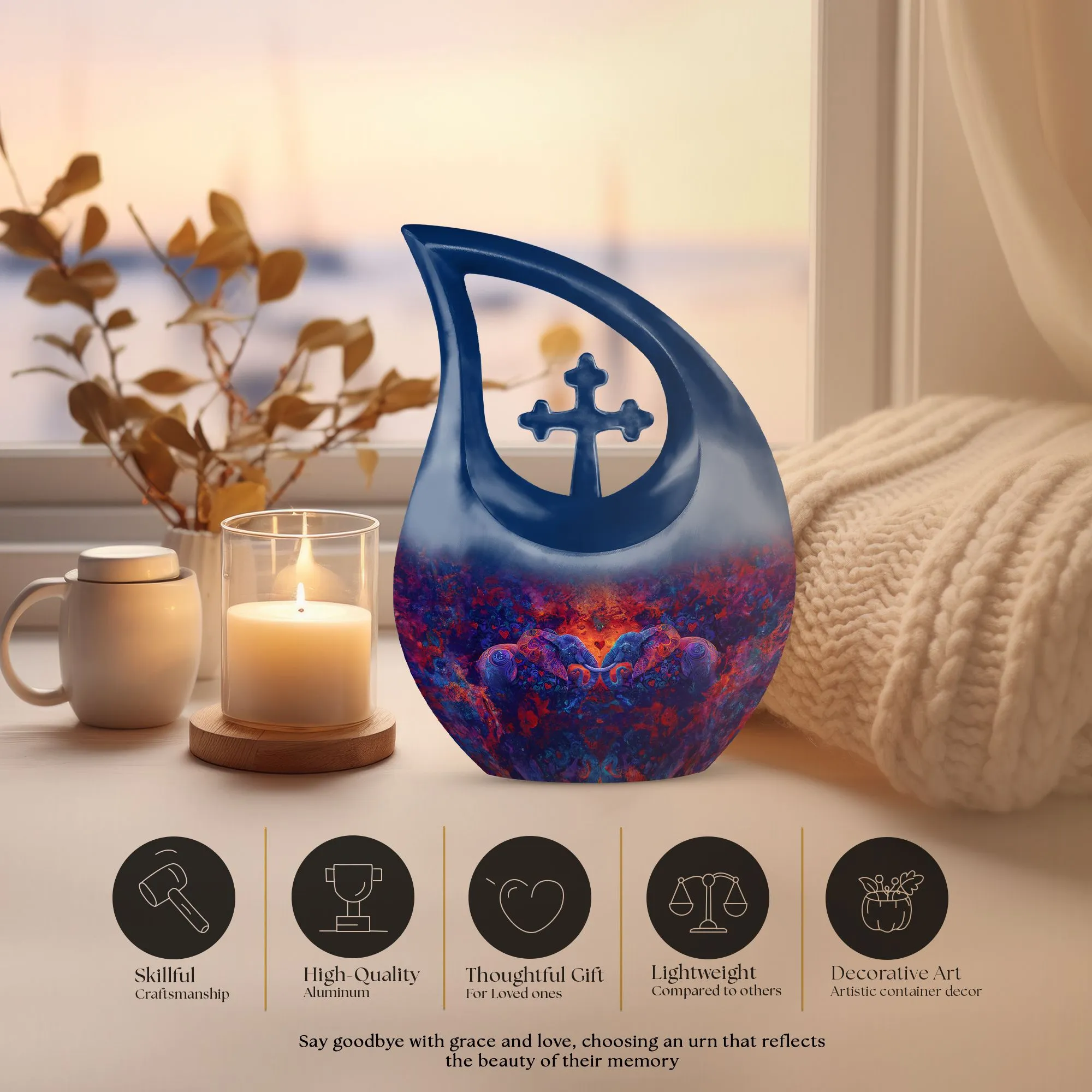 Elephant Family Cross Drop Memorial Urn - Keepsake Urn For Ashes