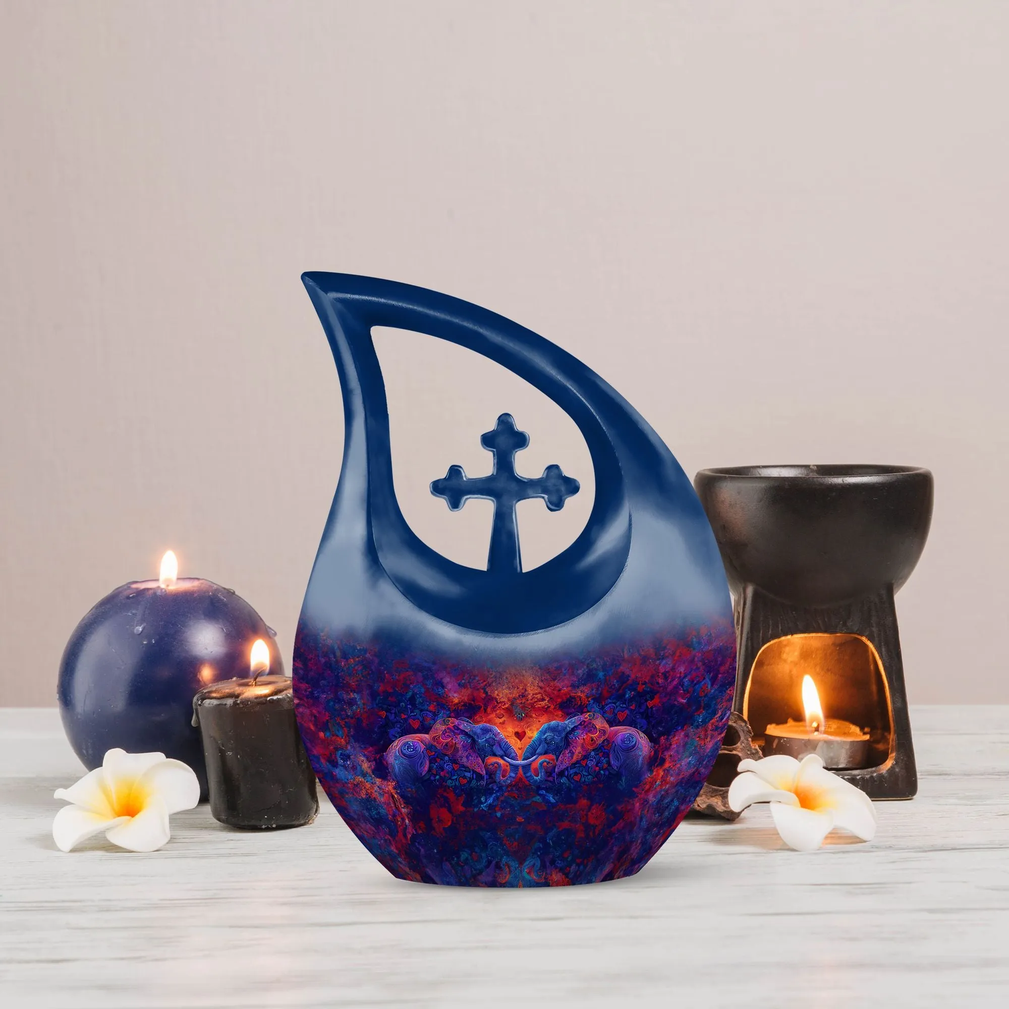 Elephant Family Cross Drop Memorial Urn - Keepsake Urn For Ashes