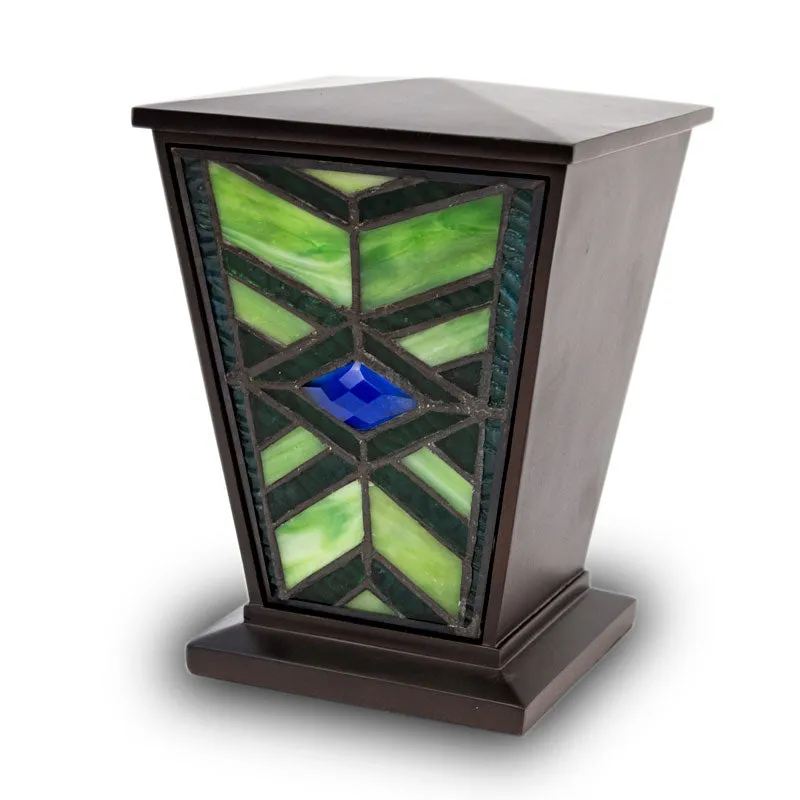 Emerald Mission Style Stained Glass Cremation Urn In Medium