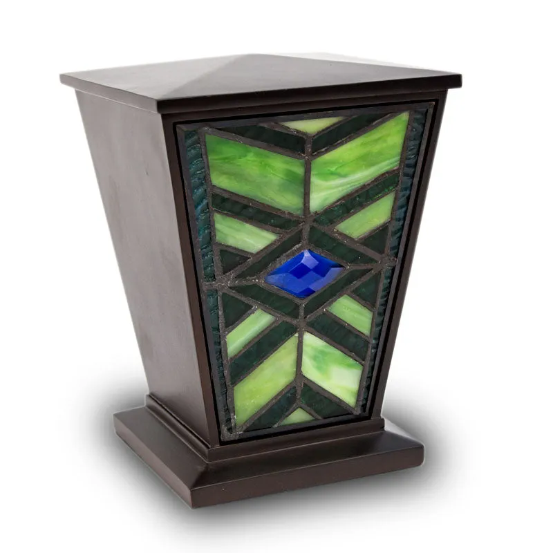 Emerald Mission Style Stained Glass Cremation Urn In Medium