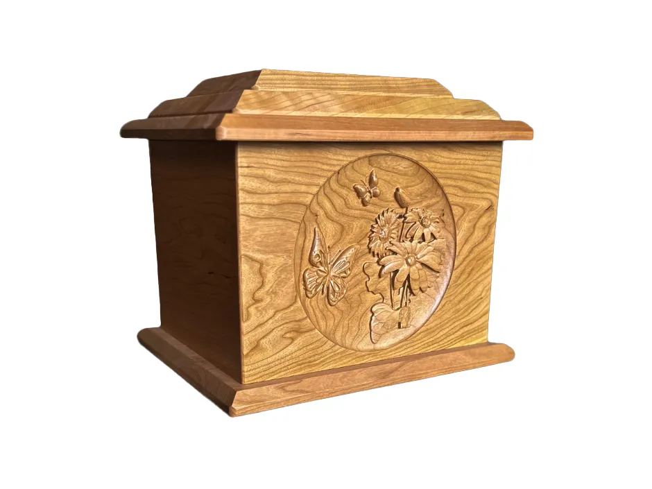 Extra Large Hand-Carved Butterflies Wooden Urn