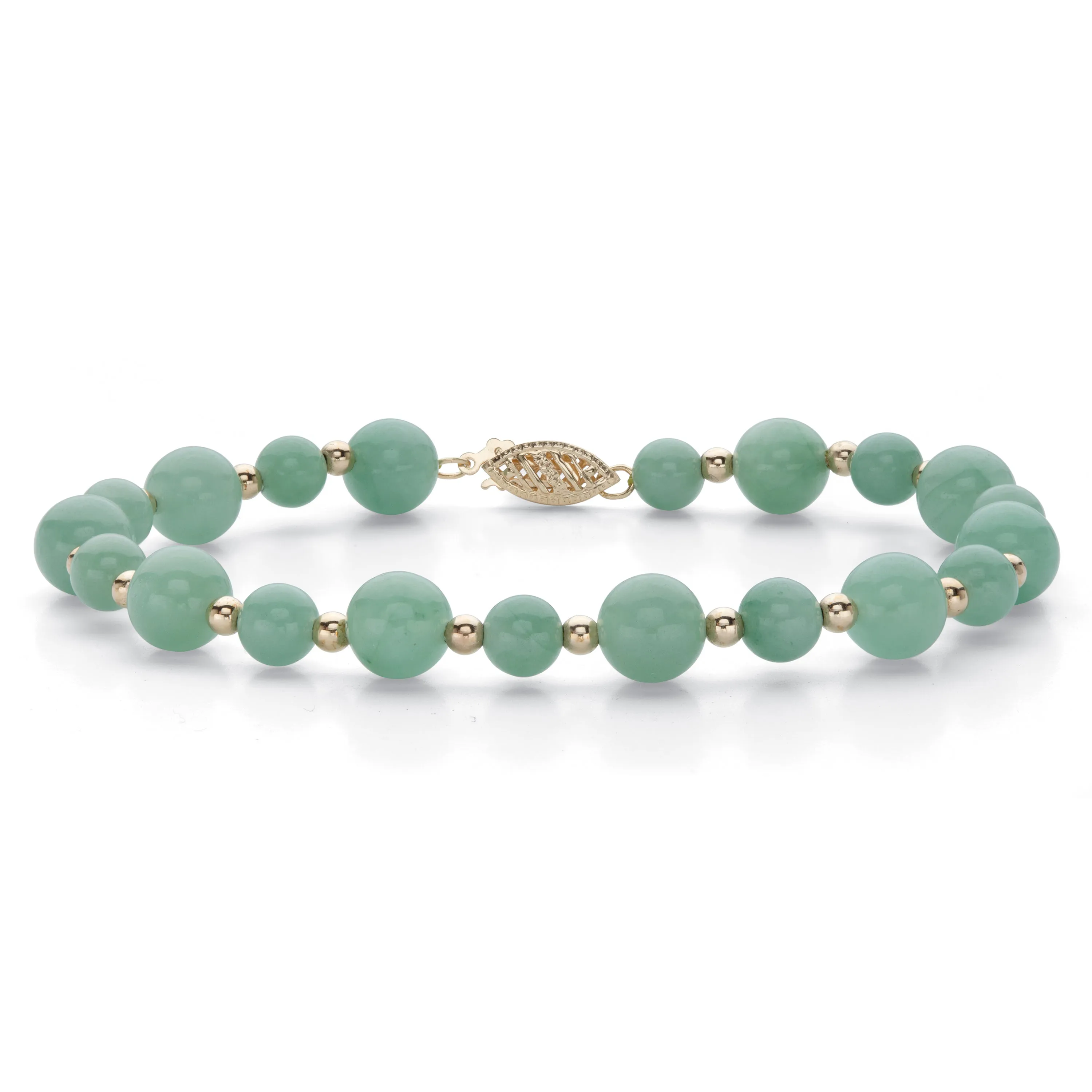 Genuine Green Jade Solid 10k Yellow Gold Round Beaded Bracelet 8"