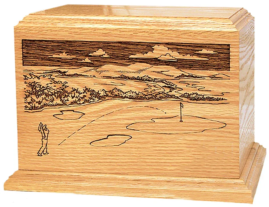 Golfer Scene Wood Cremation Urn