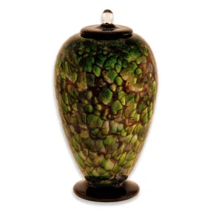 Hand Blown Glass Cremation Urn for Adults in Deco Forest