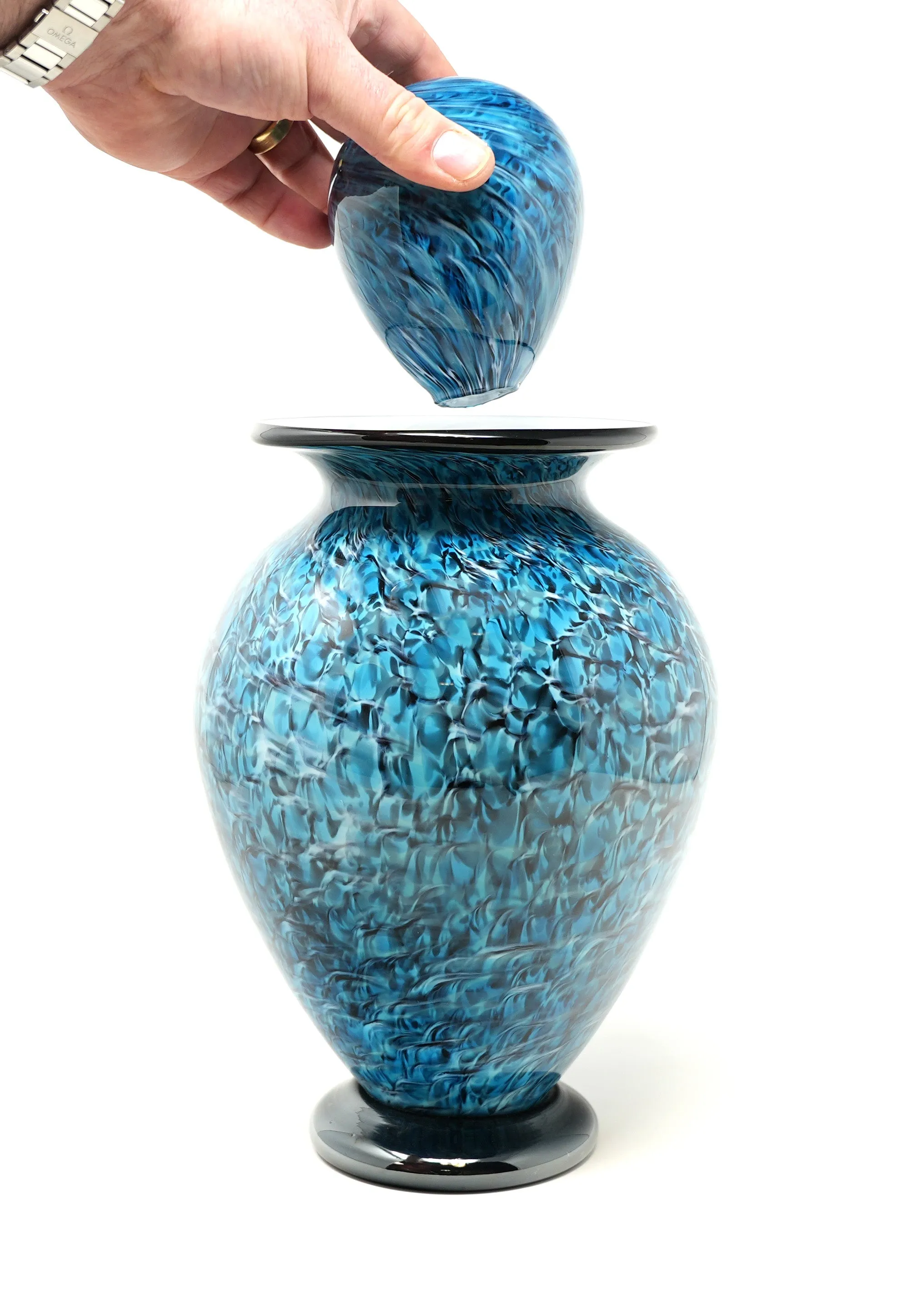 Hand Blown Glass Cremation Urn in Atlantic Aegean