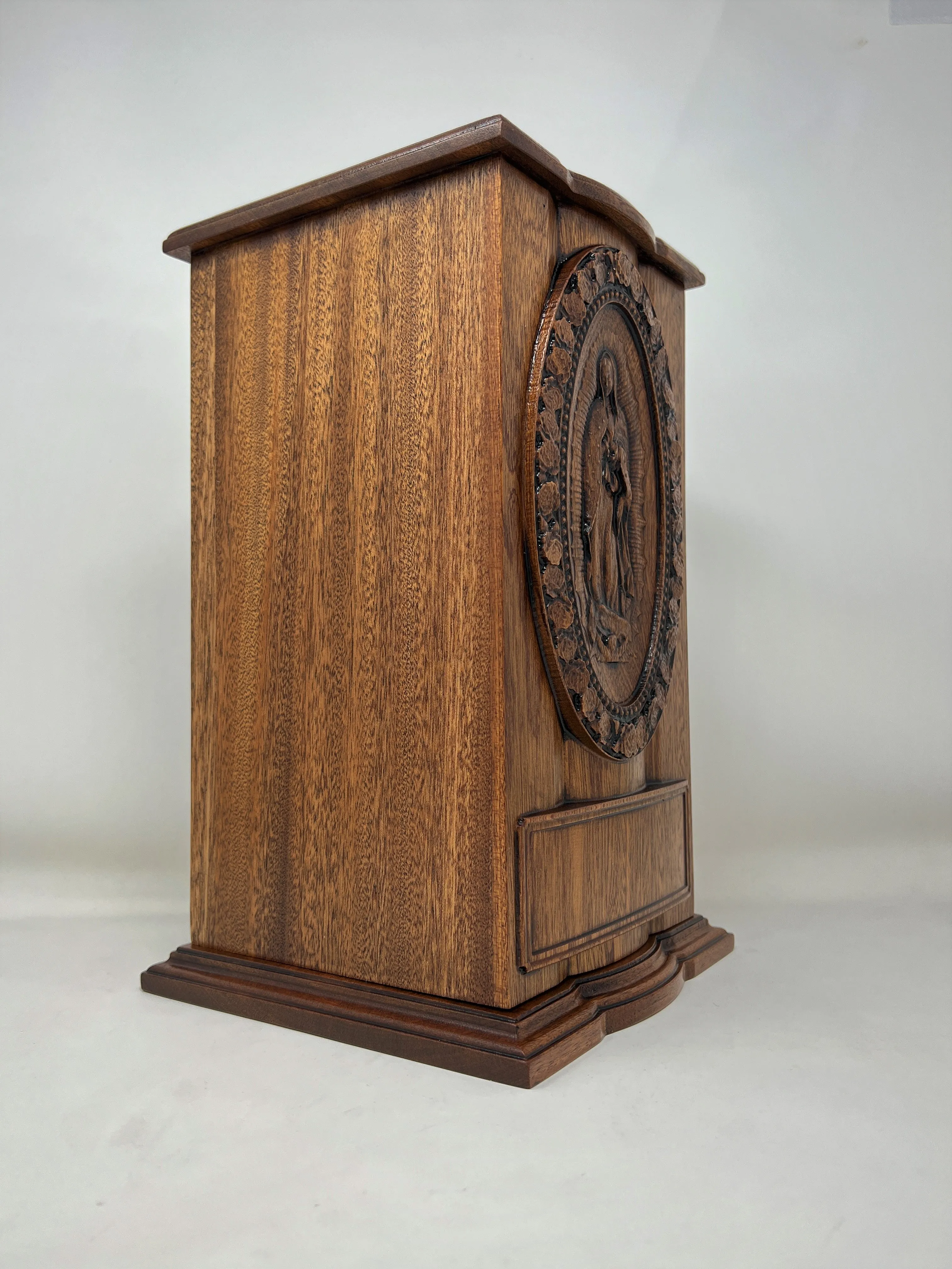 Hand-Carved Our Lady of Guadalupe Vertical Mahogany Urn